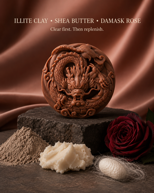 Silk & Herb Dragon Series soap bar close-up, red botanical soap