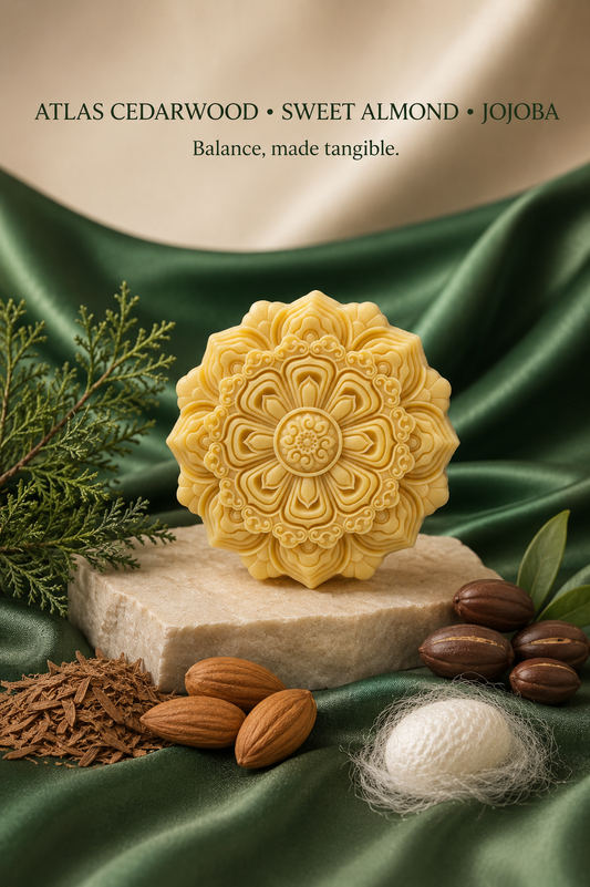 Silk & Herb Golden Dome soap bar close-up, white botanical soap