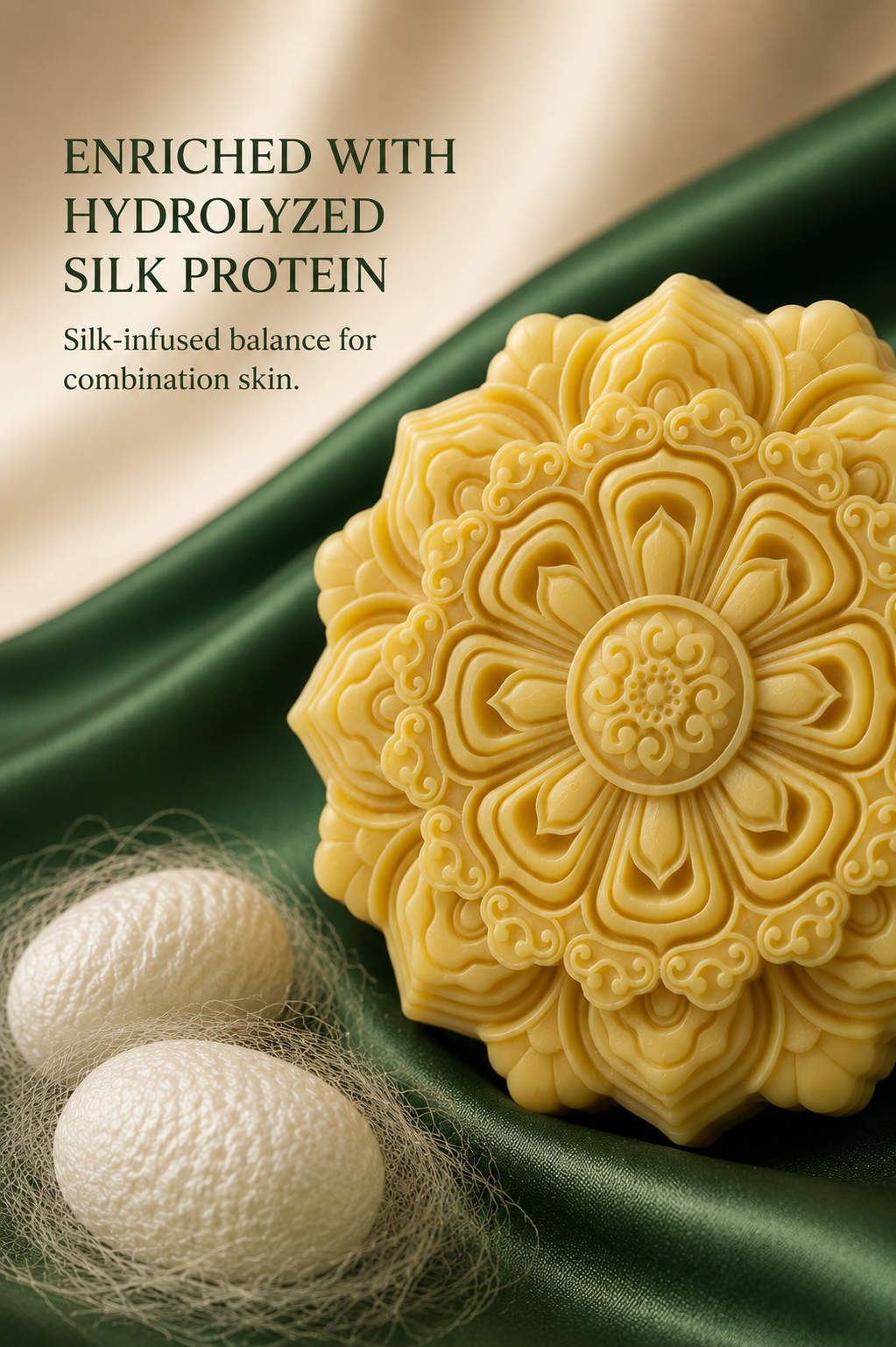 Silk & Herb Golden Dome handcrafted soap bar, styled product photo