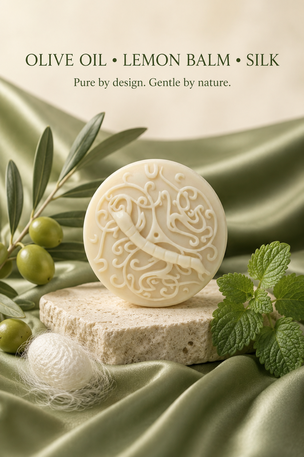 Silk & Herb Peony Dew soap bar close-up, ivory botanical soap